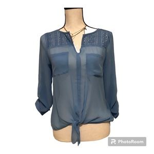 Candie's Sexy Sheer Blue Lace Inset 3/4 Sleeves Tie-Front Top NWOT